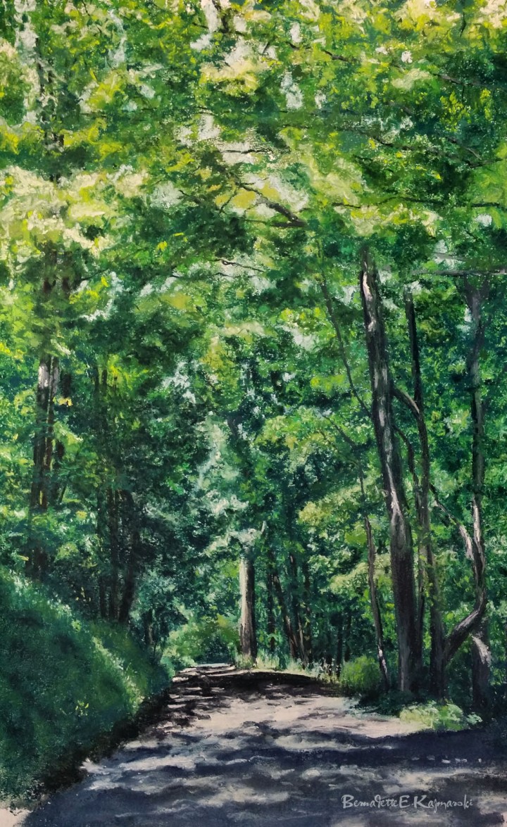 pastel painting of woods on back road