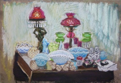 pastel painting of a table of vintage glassware