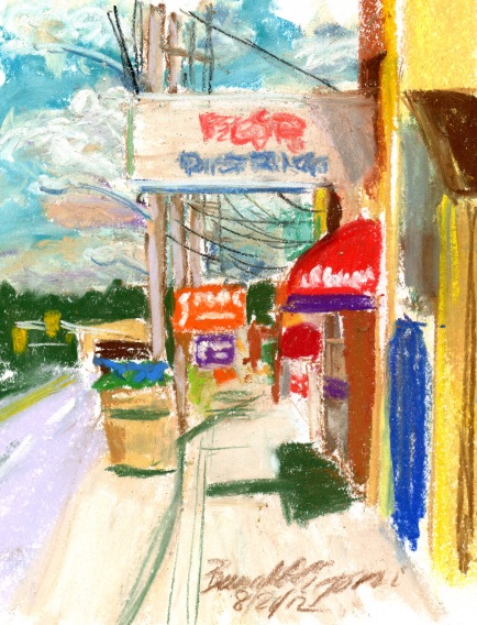 pastel sketch of street scene