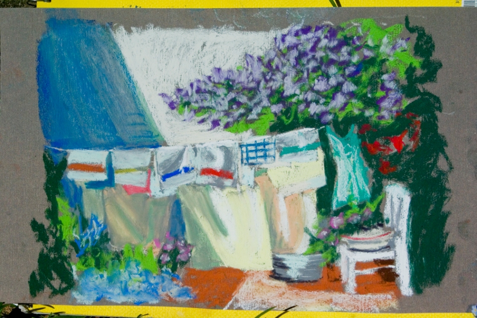 pastel painting of laundry and flowers