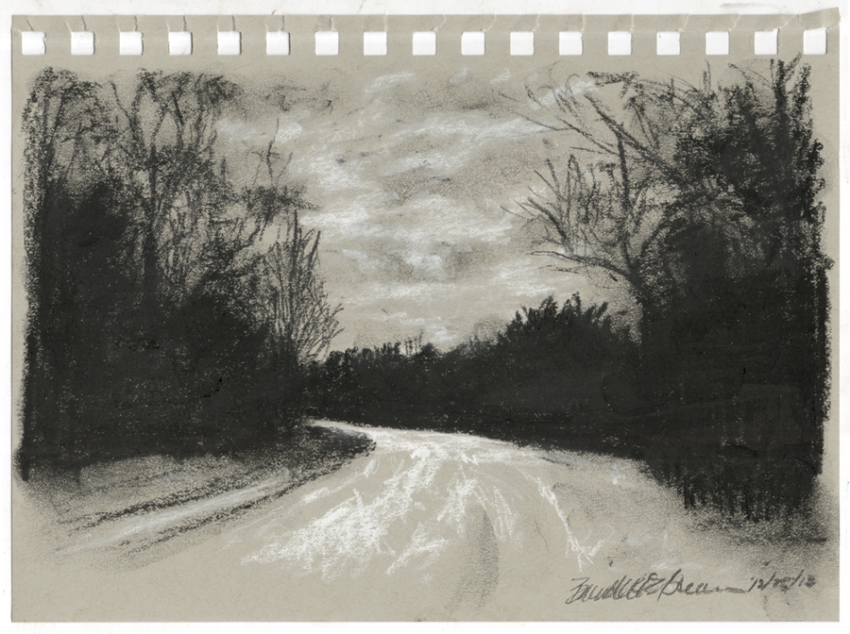 sketch of trail and trees and overcast sky