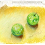 pastel sketch of apples on counter
