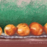 pastel painting of clementines on shelf