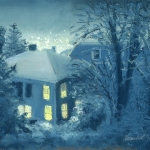 pastel painting of snow out the windows at night