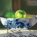 pastel painting of ceramic bowl of apples on crocheted cloth