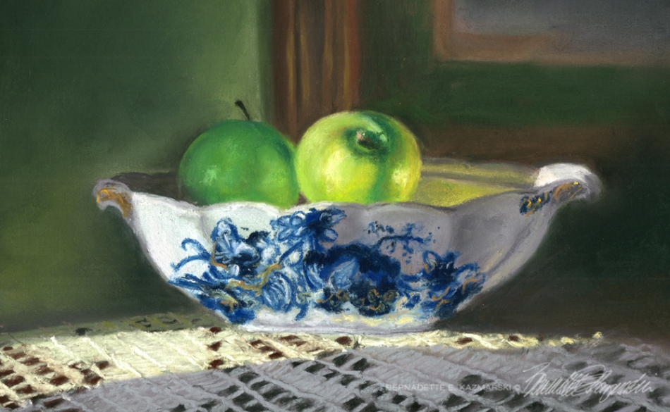 pastel painting of ceramic bowl of apples on crocheted cloth