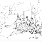 ink sketch of civil war reenactors in camp