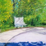 pastel painting of bench in spring trees
