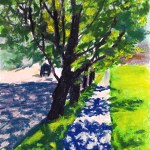 pastel sketch of trees and shadows on sidewalks