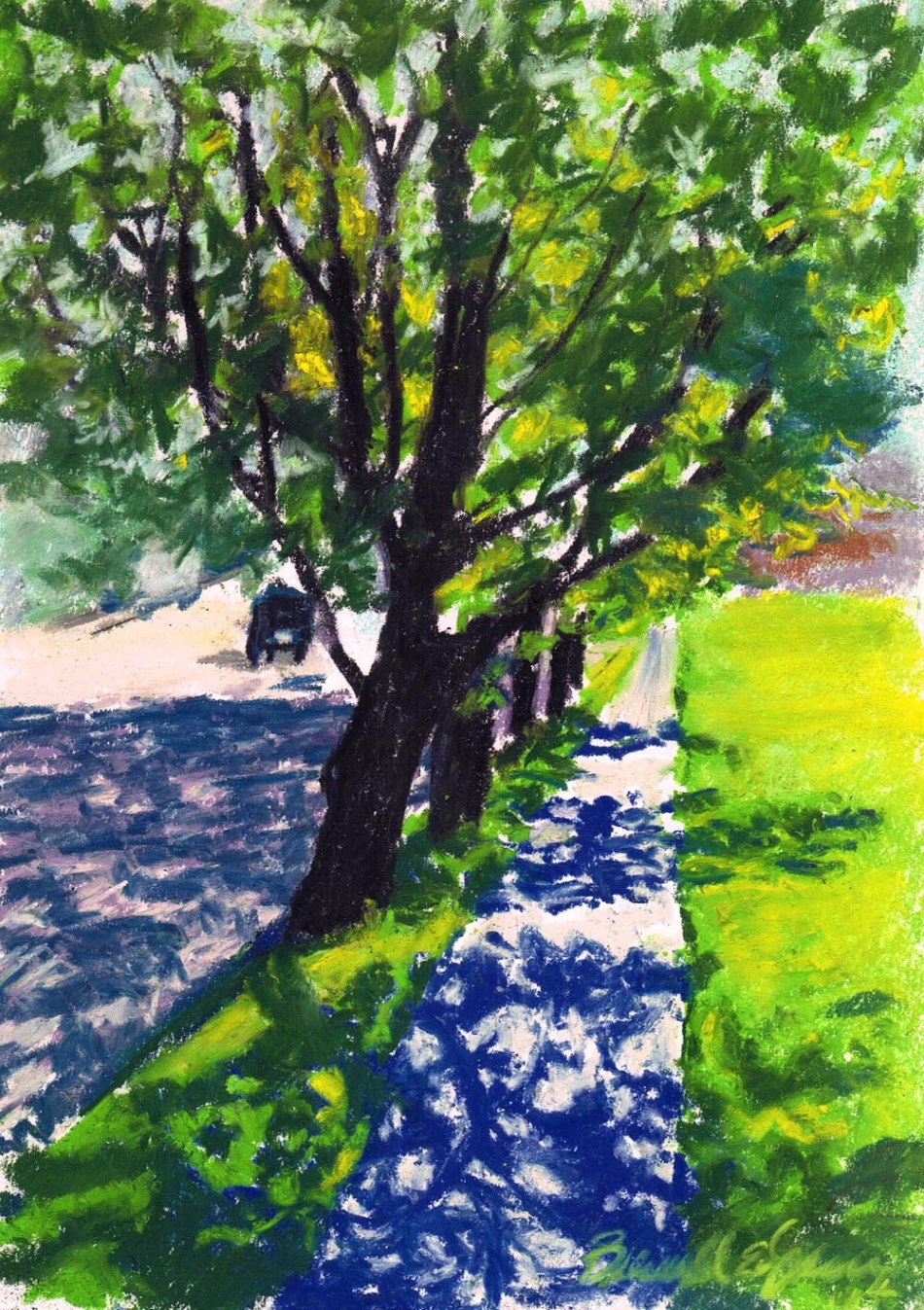 pastel sketch of trees and shadows on sidewalks