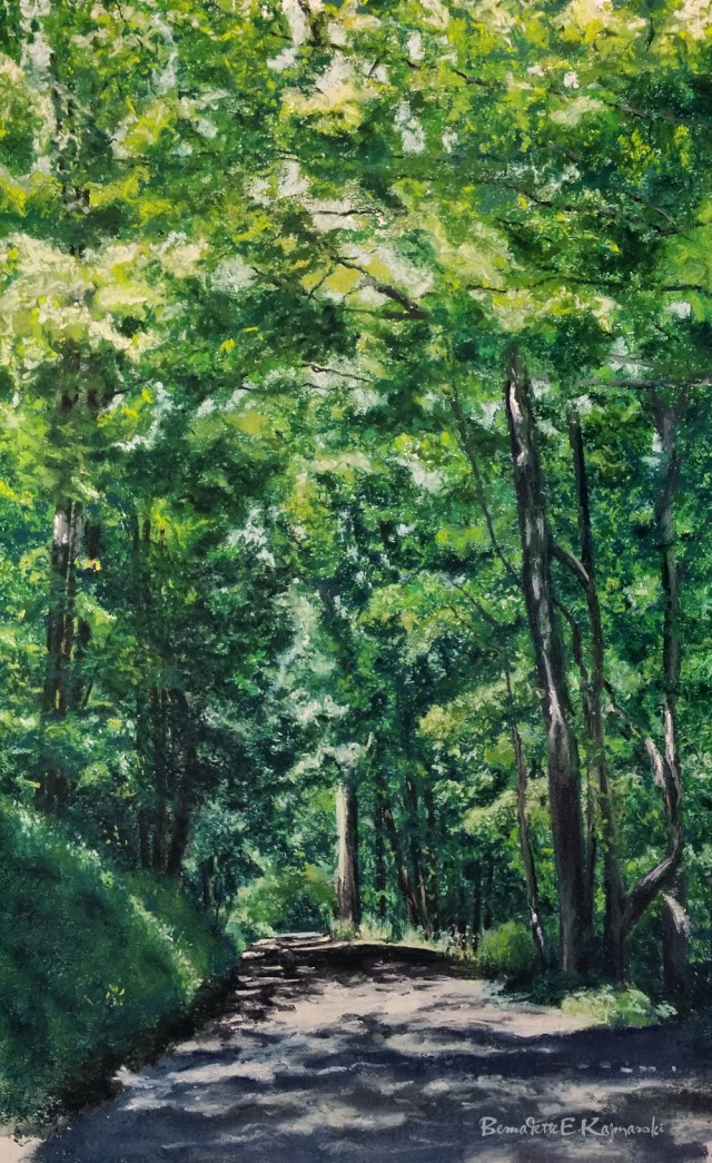 pastel painting of woods on back road