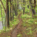 pastel painting of a trail in the woods