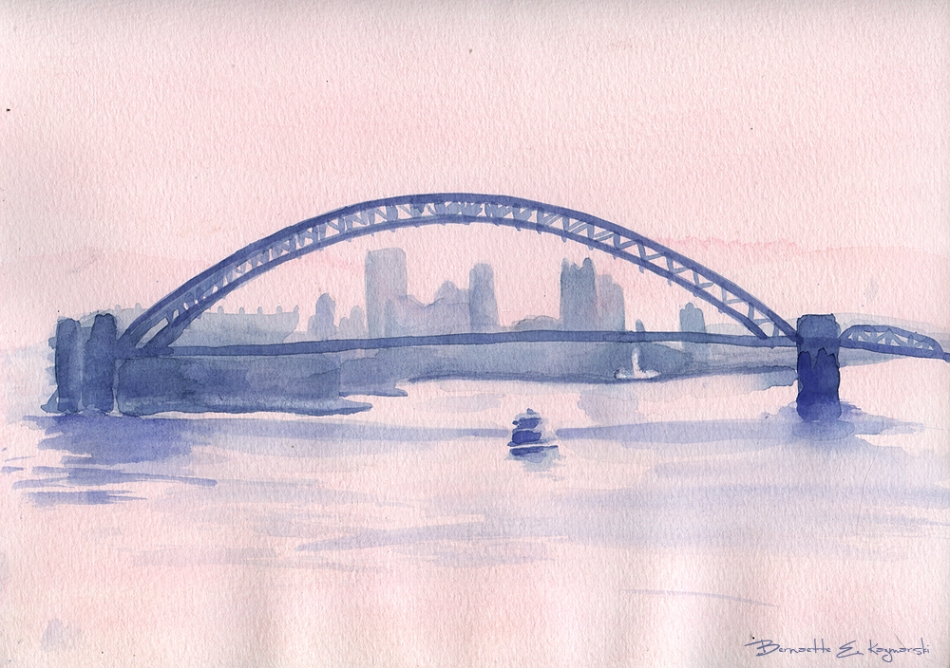 "Misty River Morning", watercolor, 9" x 12" © Bernadette E. Kazmarski