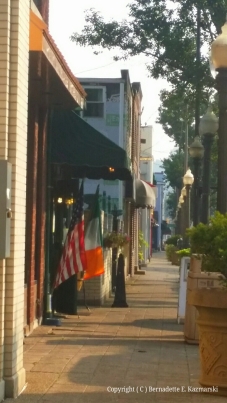 East Main Street, early, Riley's Pour House is open with their flags out.